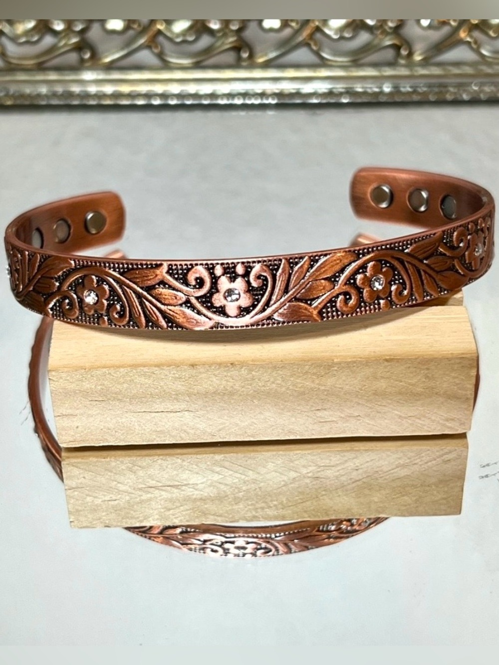 💥3/$50 NEW 99.99% Pure Copper Magnetic Cuff Bracelet | Floral Embossed w Gems